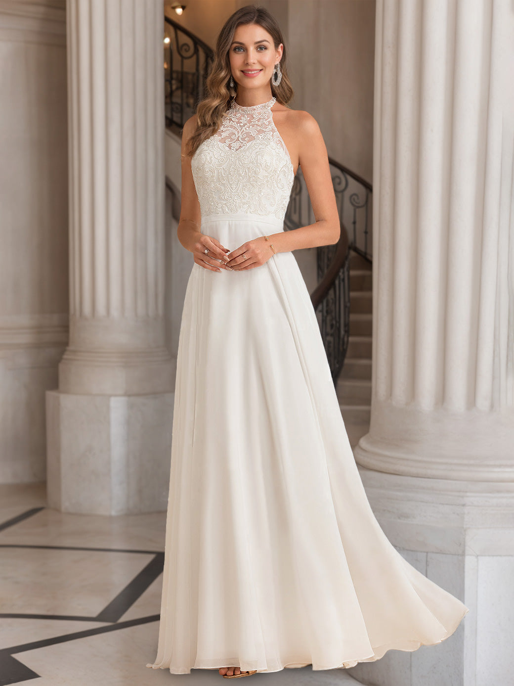 2026 Lace Embroidery Bridal Dresses for Women Chiffon A-Line Halter Sleeveless Floor-Length Formal Wedding Party Gowns, Ivory