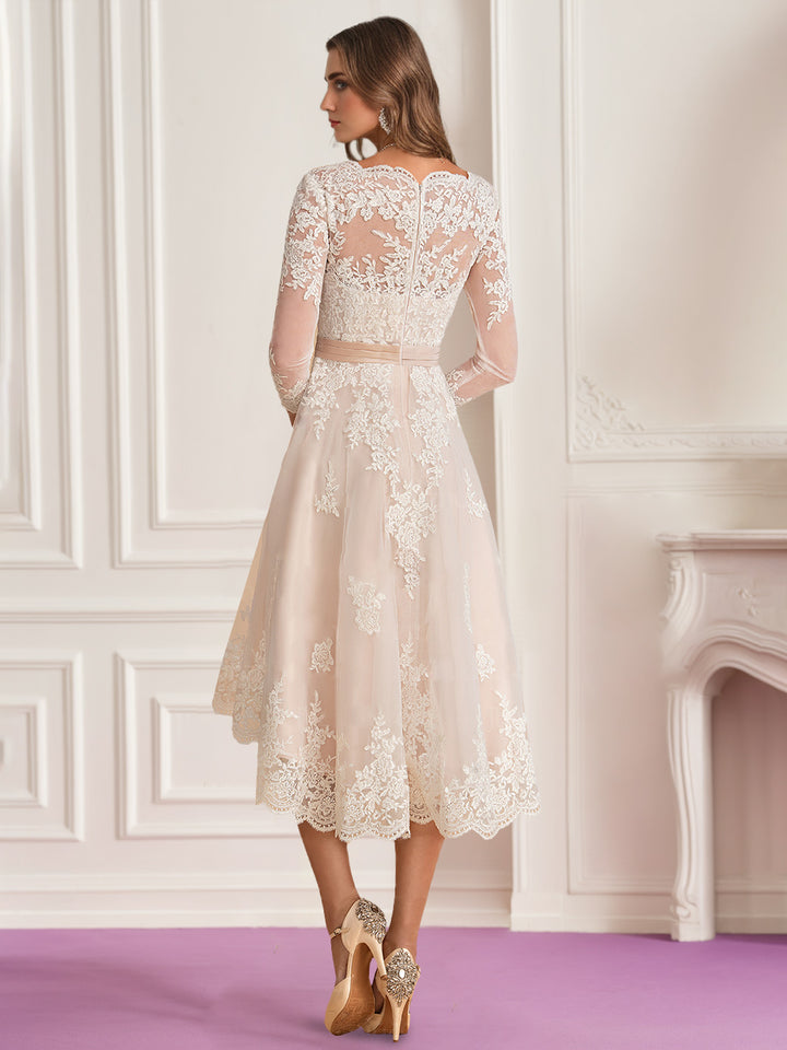 Lace Appliques Wedding Dresses 2026 Ball Gown A-Line V-Neck 3/4 Sleeves Asymmetrical Tulle Bridal Ball Gowns with Bow Belt, Champagne