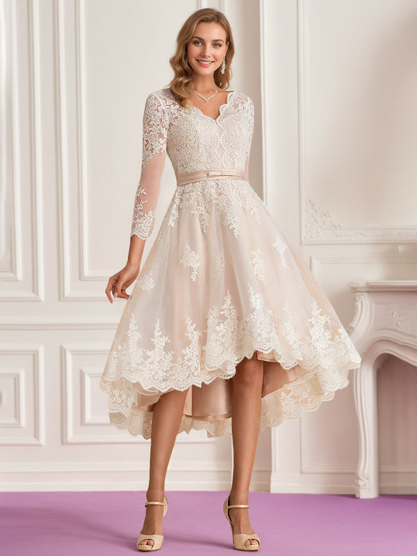 A-Line/Princess V-Neck 3/4 Length Sleeves Asymmetrical Wedding Dress with Lace Embroidery