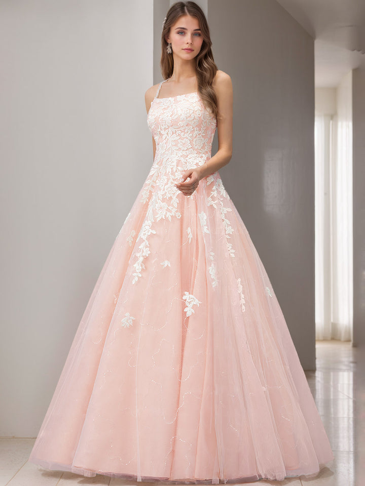 A-Line/Princess Spaghetti Straps Sleeveless Floor-Length Wedding Dress with Appliques & Lace