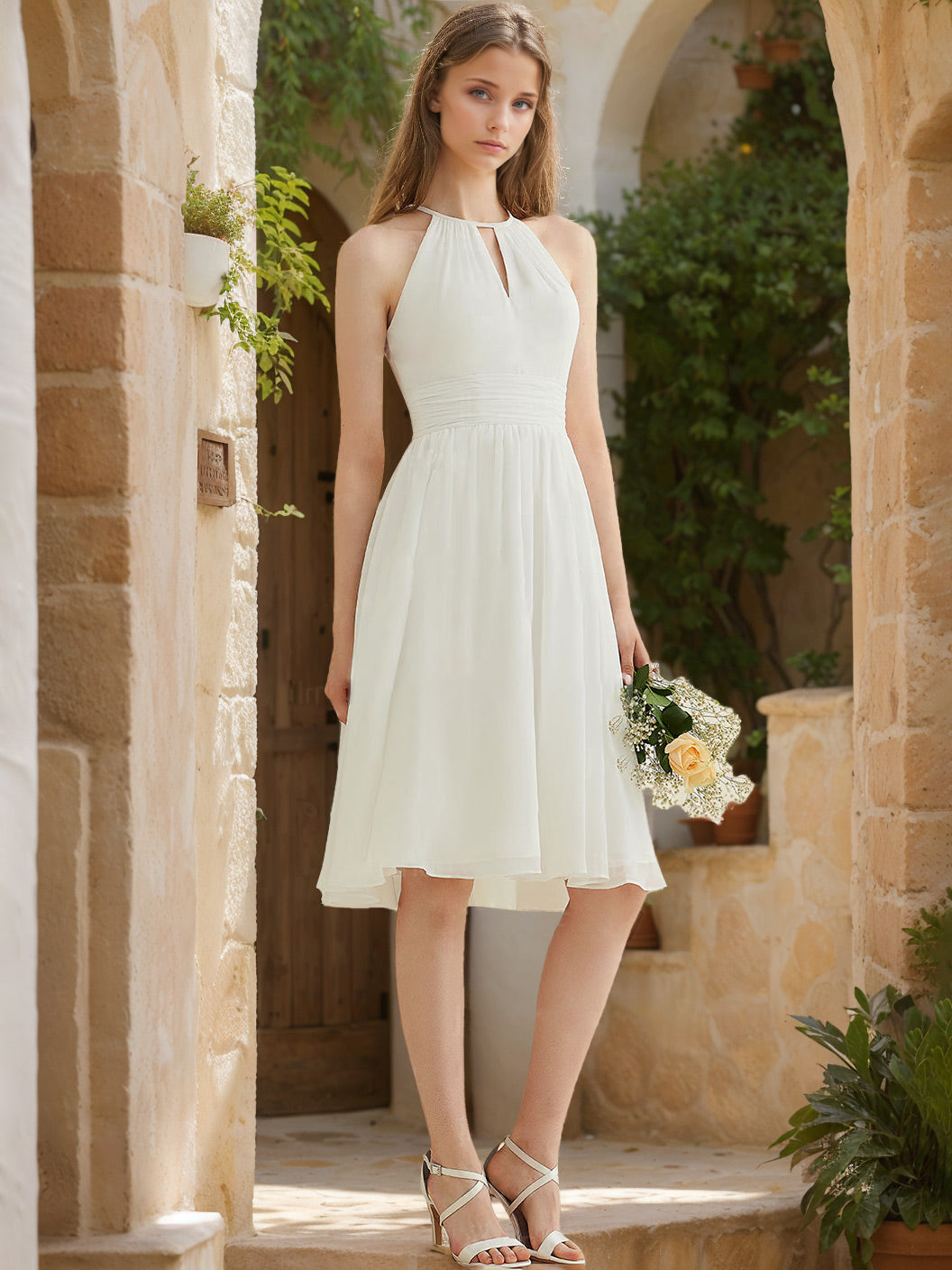 2026 Bridal Dresses for Women Ivory A-Line Halter Neck Sleeveless Knee-Length Elegant Chiffon Formal Wedding Party Gowns, Ivory