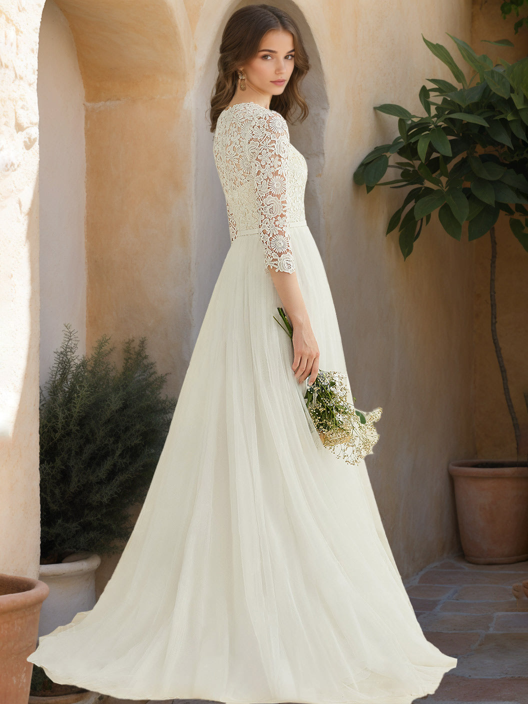 A-Line/Princess Scoop Neck 3/4 Length Sleeves Floor-length Wedding Dress with Appliques