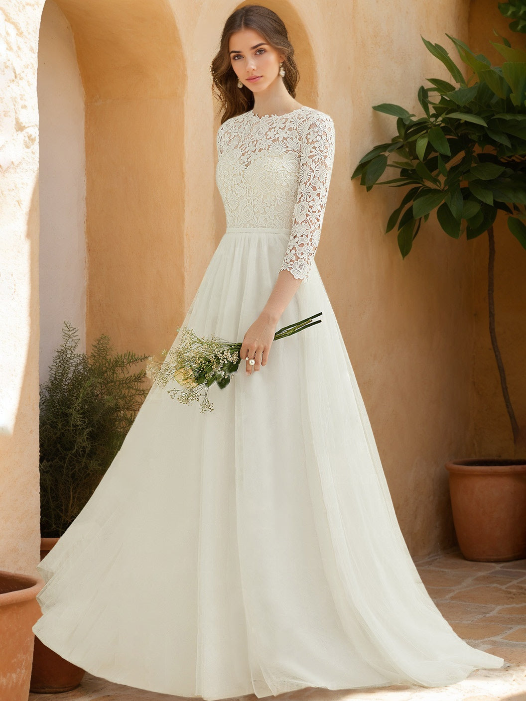 Lace Appliques Wedding Dresses 2026 Elegant Women's A-Line Scoop Neck 3/4 Sleeves Floor-Length Tulle Bridal Ball Gowns, Ivory
