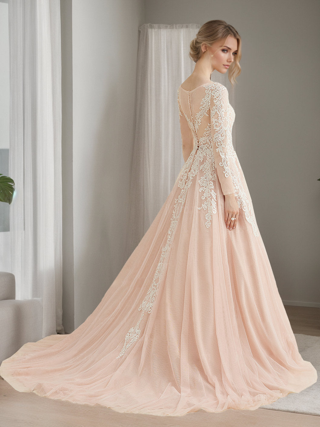 A-Line/Princess Scoop Long Sleeves Floor-length Lace Wedding Dress with Appliques