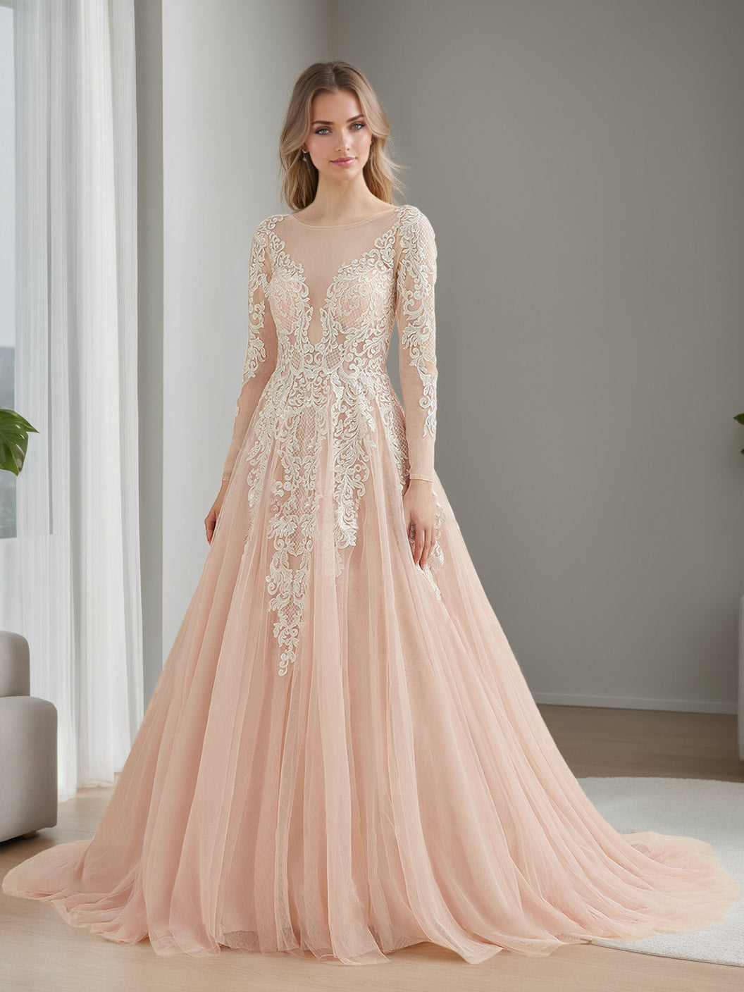 A-Line/Princess Scoop Long Sleeves Floor-length Lace Wedding Dress with Appliques