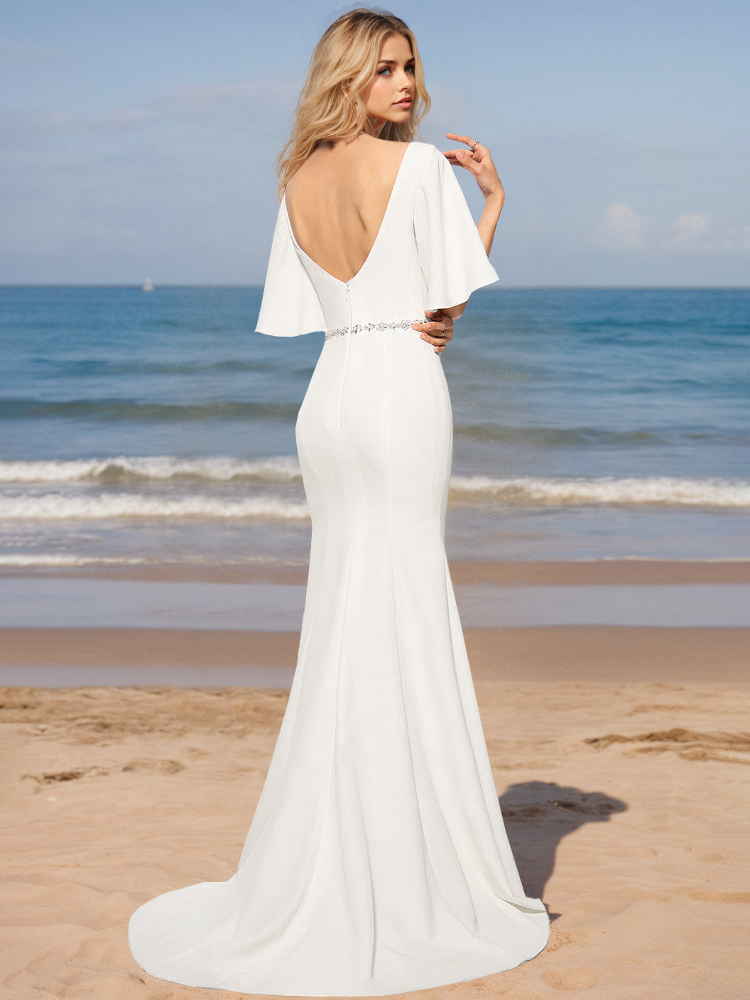 White Bridal Gowns 2026 Satin Mermaid/Trumpet Deep V-Neck Flutter Sleeves Floor-Length Formal Wedding Dresses with Crystal, White
