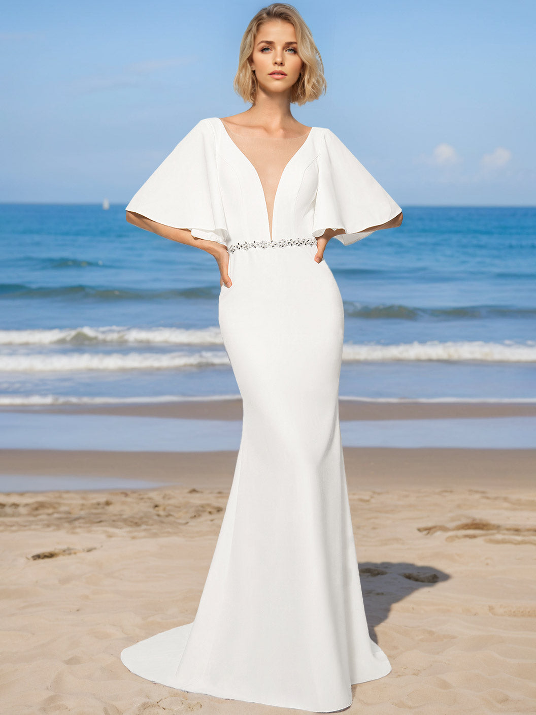 White Bridal Gowns 2026 Satin Mermaid/Trumpet Deep V-Neck Flutter Sleeves Floor-Length Formal Wedding Dresses with Crystal, White