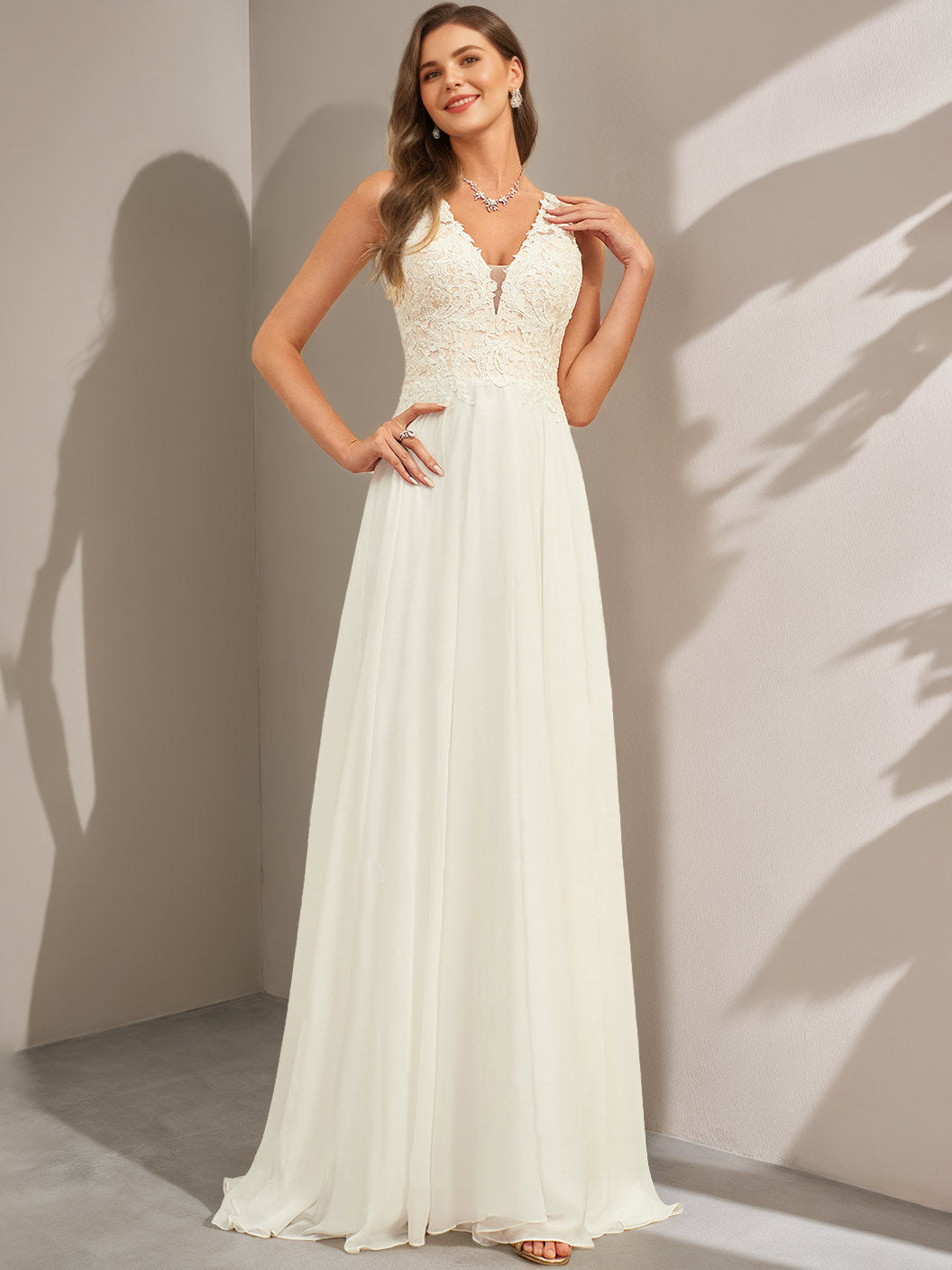 2026 Lace Appliques Wedding Dresses Ivory Chic Women's Chiffon A-Line Deep V-Neck Sleeveless Floor-Length Bridal Ball Gowns, Ivory 2026 Lace Appliques Wedding Dresses Ivory Chic Women's Chiffon A-Line Deep V-Neck Sleeveless Floor-Length Bridal Ball Gowns, Ivory