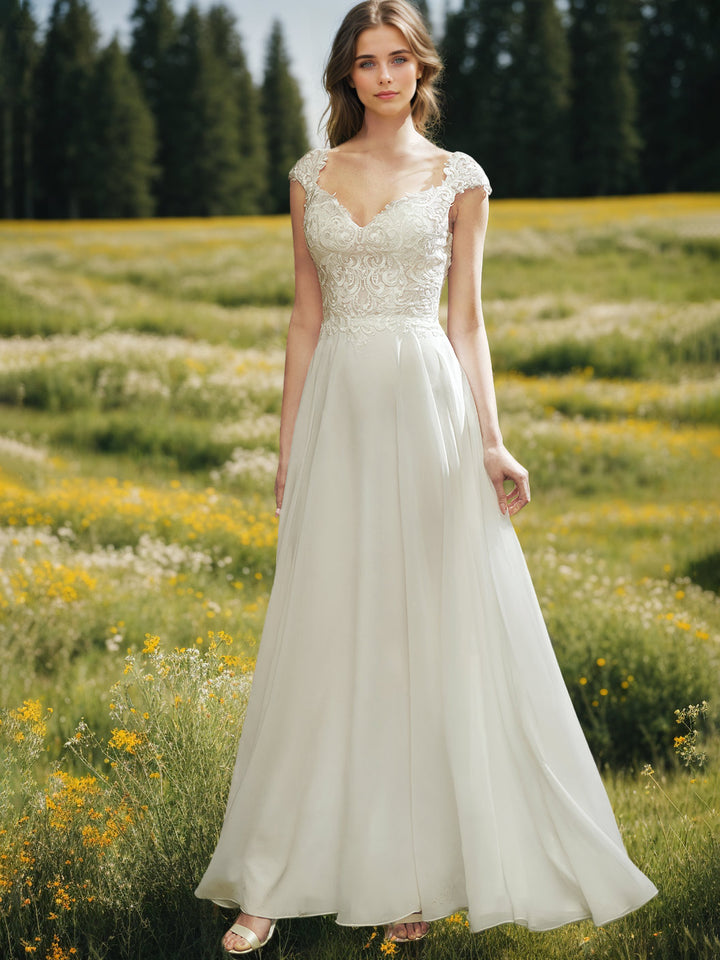 A-Line/Princess V-Neck Sleeveless Ankle-Length Wedding Dress with Appliques