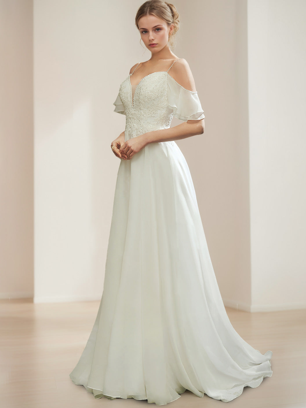 A-Line/Princess Spaghetti Straps Sleeveless Floor-Length Wedding Dress with Appliques & Sequins