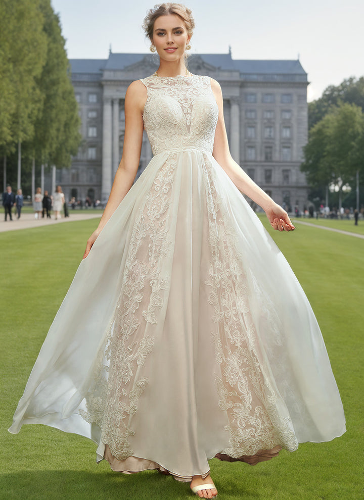 A-Line/Princess Scoop Neck Sleeveless Floor-length Tulle Wedding Dress with Appliques & Lace