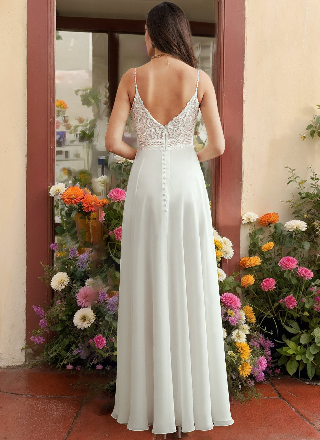 A-Line/Princess Spaghetti Straps V-Neck Sleeveless Wedding Dresses with Appliques & Split Side