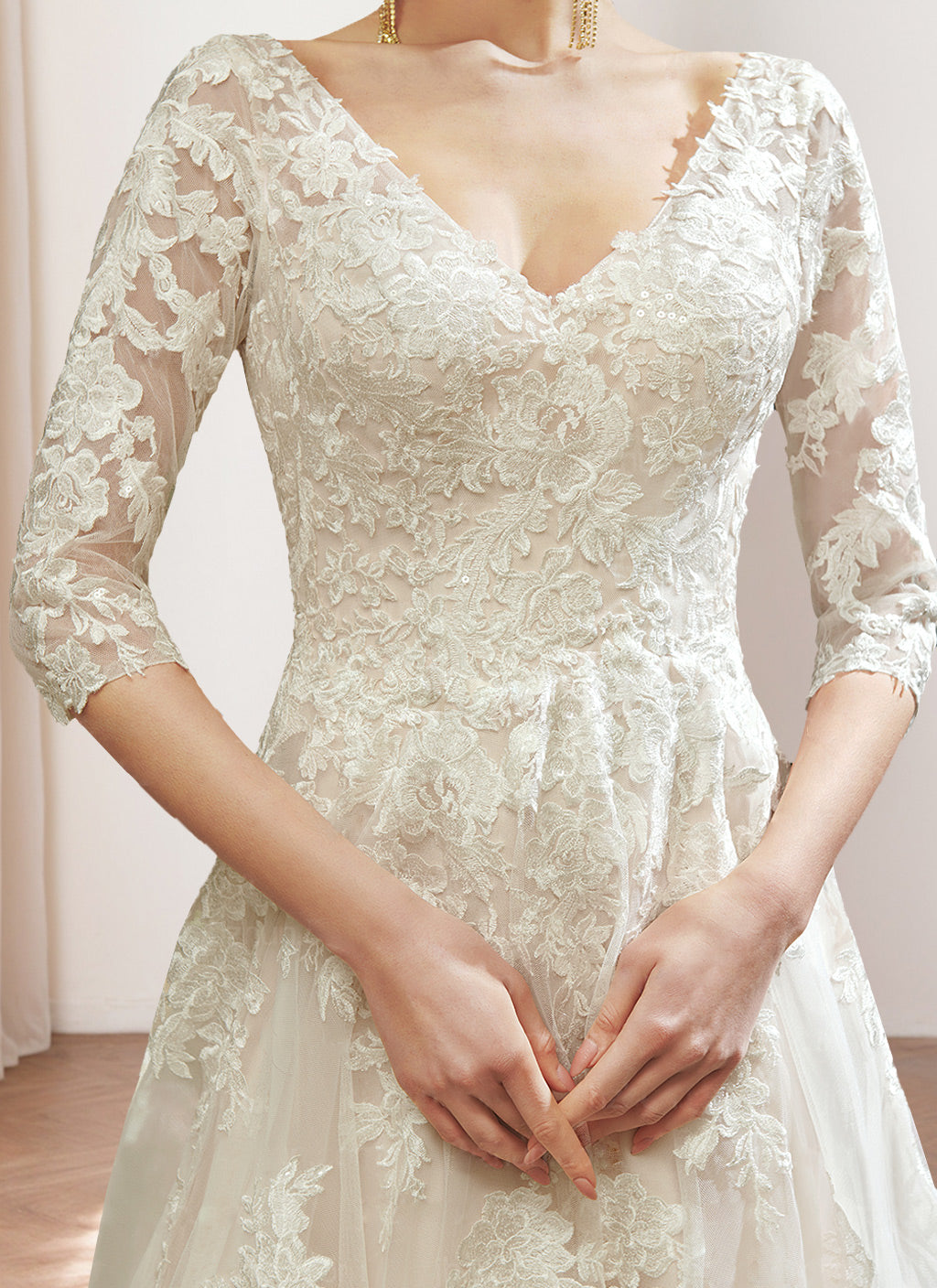 A Line/Princess V-Neck 3/4 Length Sleeves Floor-length Wedding Dress with Lace Embroidery