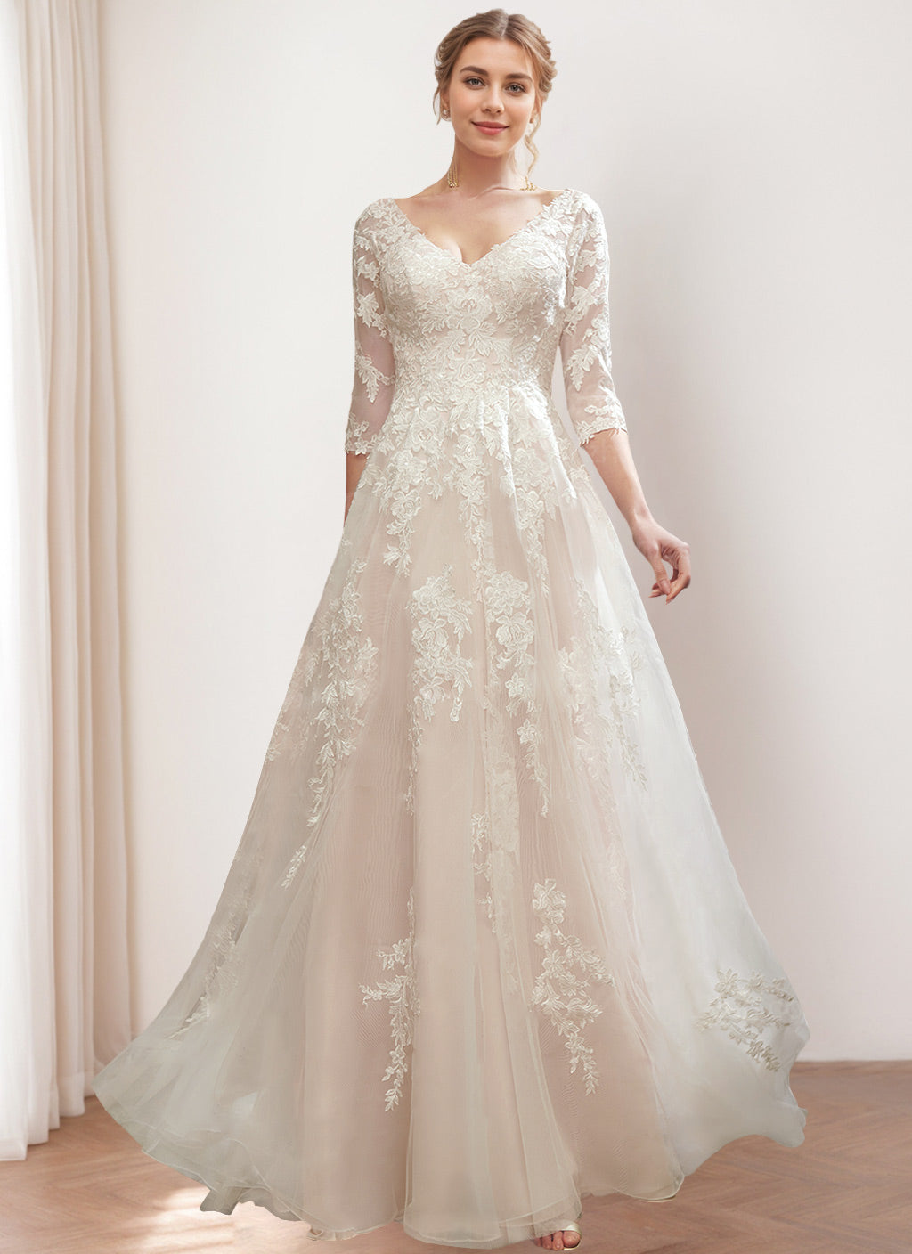 A Line/Princess V-Neck 3/4 Length Sleeves Floor-length Wedding Dress with Lace Embroidery