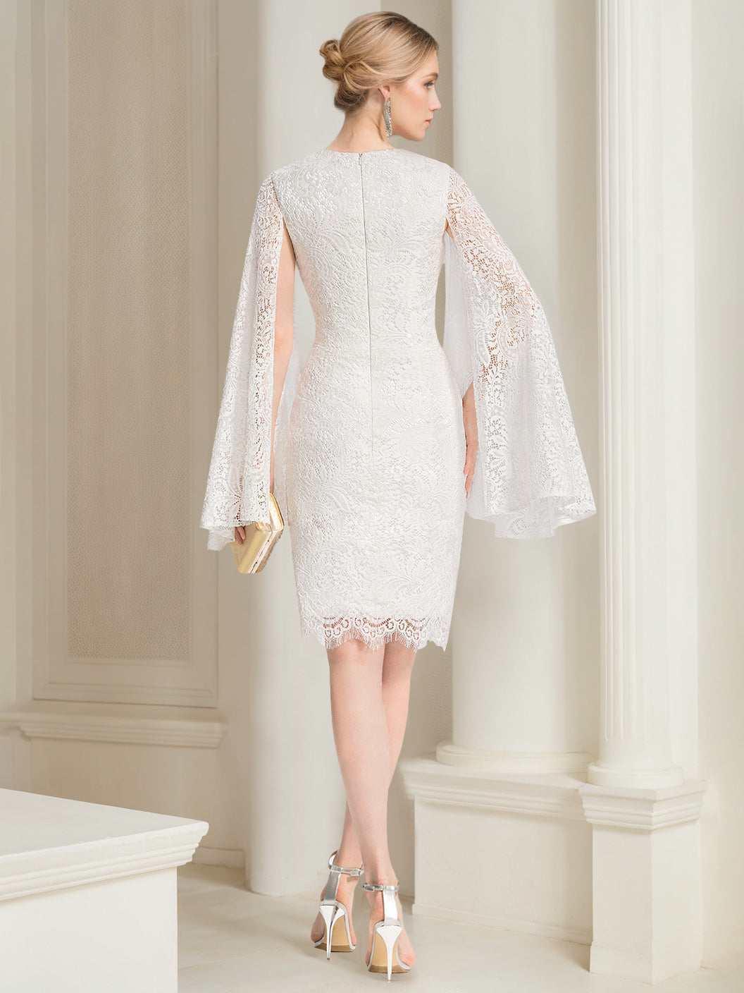 Bridal Gowns 2026 Chic Women's White Sheath/Column Scoop Neck Flutter Sleeves Knee-Length Lace Appliques Formal Wedding Dresses, White Bridal Gowns 2026 Chic Women's White Sheath/Column Scoop Neck Flutter Sleeves Knee-Length Lace Appliques Formal Wedding Dresses, White