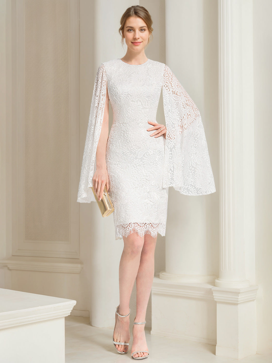 Sheath/Column Scoop Neck Knee-Length Wedding Dress With Appliques & Lace