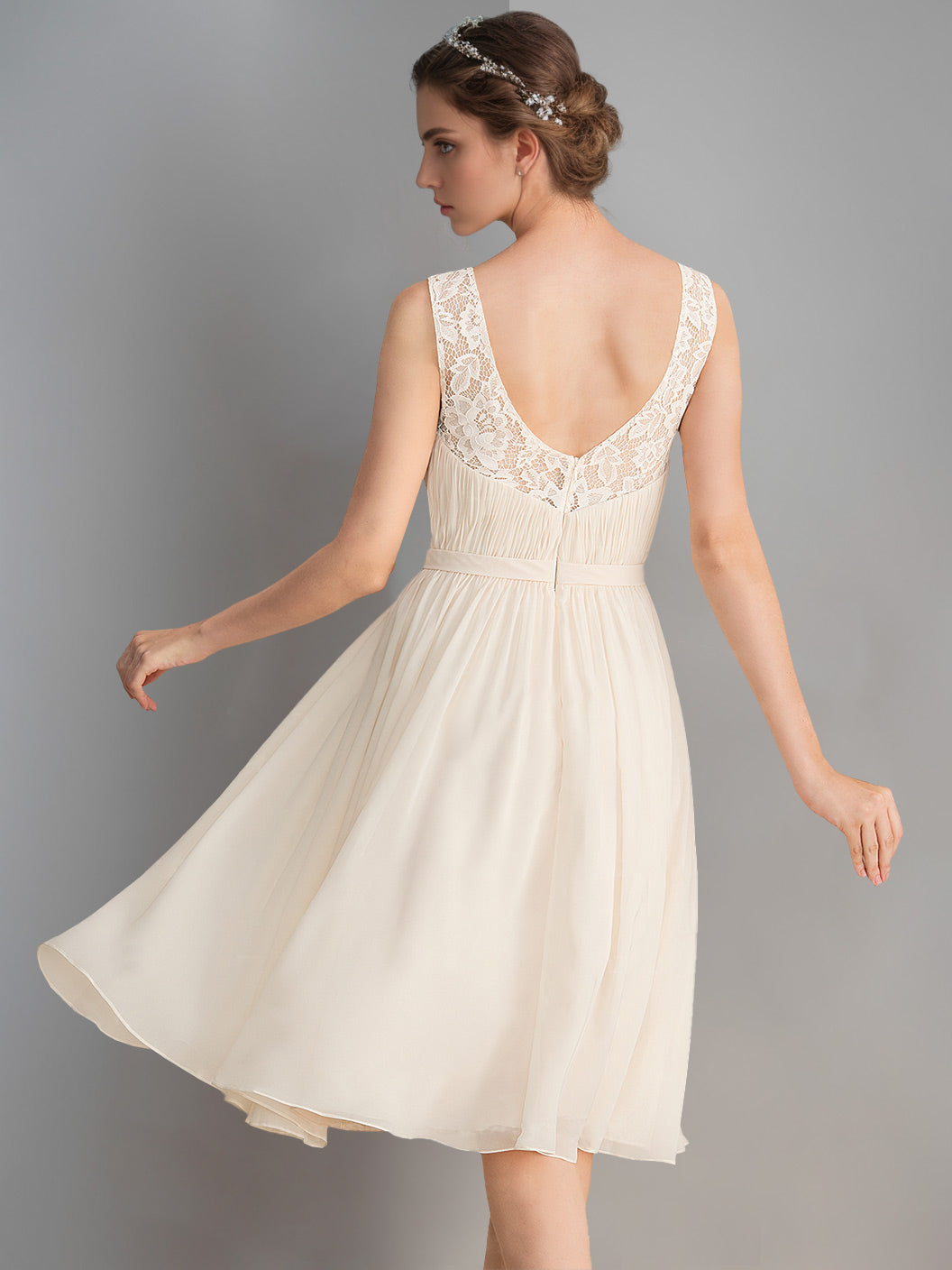 Ivory Lace Wedding Dresses 2026 for Women A-Line Deep V-Neck Sleeveless Knee-length Chiffon Bridal Ball Gowns with Ruched, Ivory Ivory Lace Wedding Dresses 2026 for Women A-Line Deep V-Neck Sleeveless Knee-length Chiffon Bridal Ball Gowns with Ruched, Ivory