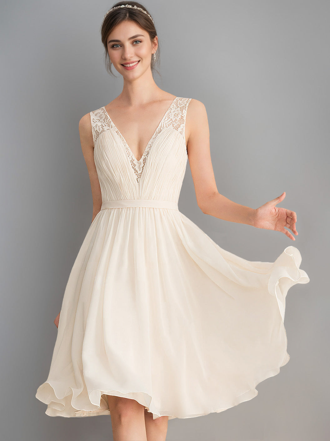 Ivory Lace Wedding Dresses 2026 for Women A-Line Deep V-Neck Sleeveless Knee-length Chiffon Bridal Ball Gowns with Ruched, Ivory