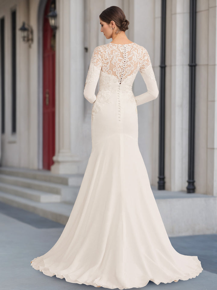 A-Line/Princess Scoop Neck Long Sleeves Floor-length Wedding Dress wit - Mondressy A-Line/Princess Scoop Neck Long Sleeves Floor-length Wedding Dress wit - Mondressy