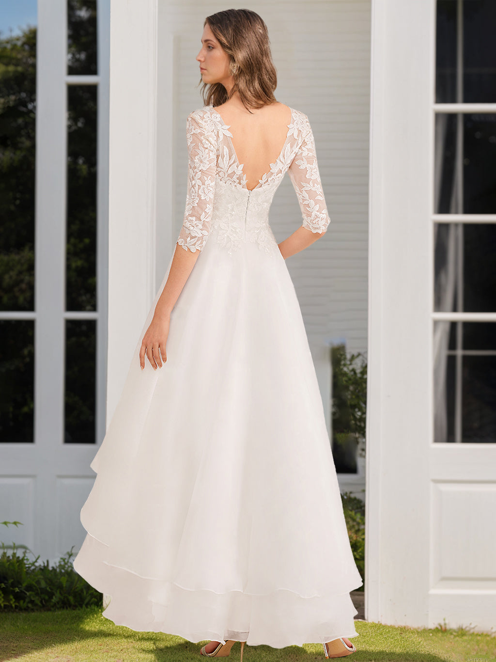 2026 Lace Appliques Wedding Dresses Chic Women's White Tulle A-Line V-Neck Half Sleeves Asymmetrical Bridal Ball Gowns, White 2026 Lace Appliques Wedding Dresses Chic Women's White Tulle A-Line V-Neck Half Sleeves Asymmetrical Bridal Ball Gowns, White