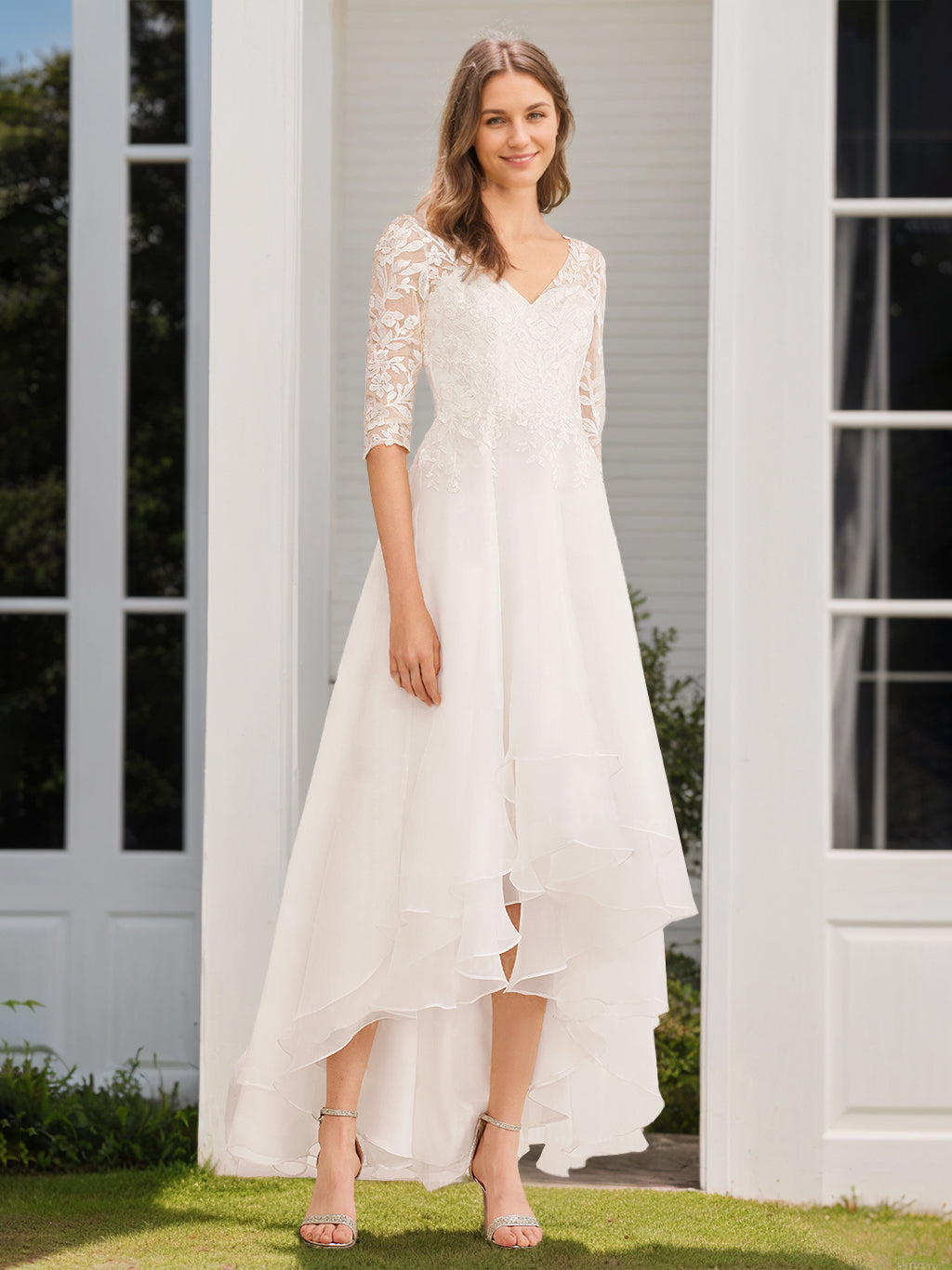 2026 Lace Appliques Wedding Dresses Chic Women's White Tulle A-Line V-Neck Half Sleeves Asymmetrical Bridal Ball Gowns, White 2026 Lace Appliques Wedding Dresses Chic Women's White Tulle A-Line V-Neck Half Sleeves Asymmetrical Bridal Ball Gowns, White