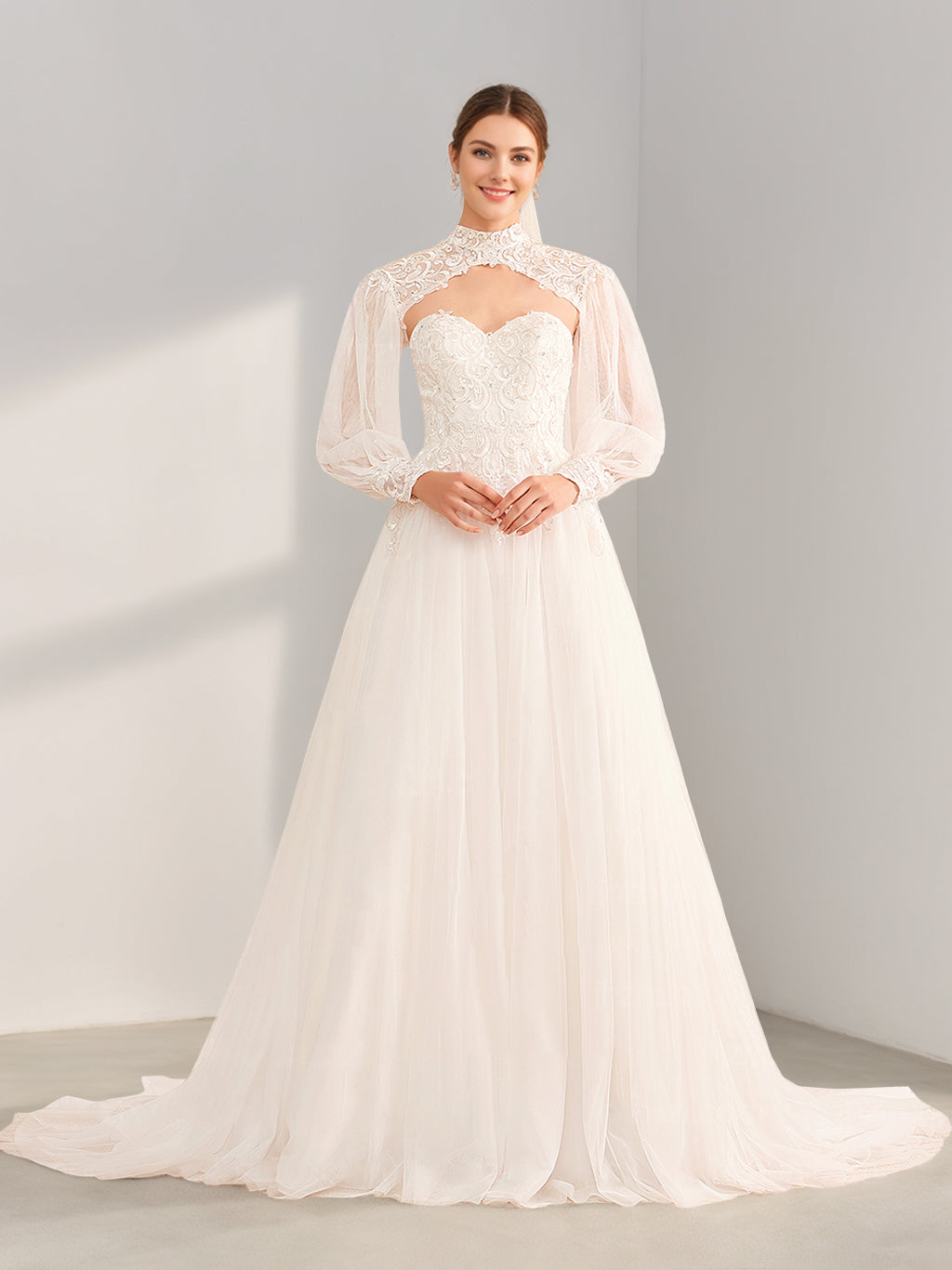 Bridal Gowns White Tulle Ball Gown A-Line High Neck Sweetheart Long Sleeves Floor-Length Appliques Formal Wedding Dresses with Sequins, White Bridal Gowns White Tulle Ball Gown A-Line High Neck Sweetheart Long Sleeves Floor-Length Appliques Formal Wedding Dresses with Sequins, White