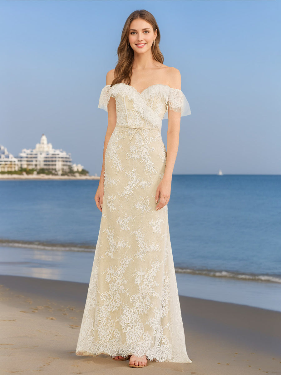 Lace Wedding Dresses 2026 Women's Off-the-Shoulder Sheath/Column Sweetheart Sleeveless Long Bridal Gowns with Bow & Sequins, Ivory