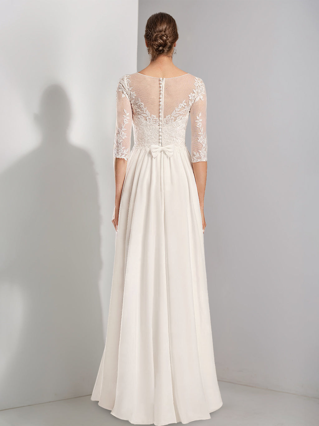 A-Line/Princess Scoop Neck Half Sleeves Floor-length Lace Wedding Dress with Appliques