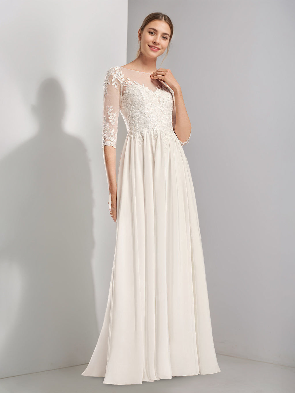 Bridal Gowns 2026 Lace Appliques A-Line Sheer Neck Half Sleeves Floor-Length Elegant Chiffon Formal Wedding Dresses with Bow, White