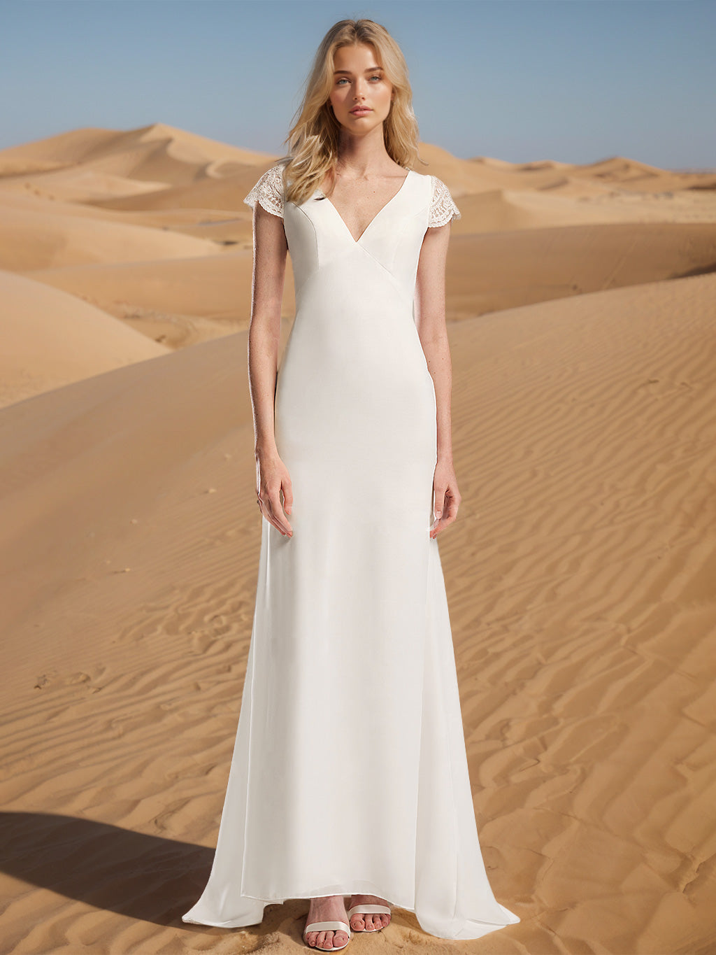A-Line/Princess V-Neck Short Sleeves Floor-length Wedding Dress - Mondressy A-Line/Princess V-Neck Short Sleeves Floor-length Wedding Dress - Mondressy