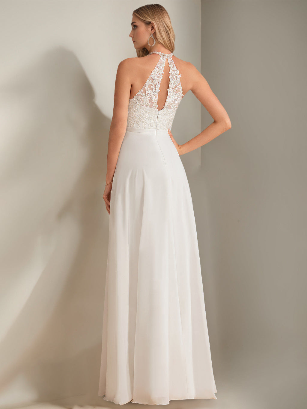 Halter Bridal Gowns 2026 Women's White Lace Appliques A-Line Sleeveless Floor-Length Elegant Formal Wedding Dresses, White Halter Bridal Gowns 2026 Women's White Lace Appliques A-Line Sleeveless Floor-Length Elegant Formal Wedding Dresses, White
