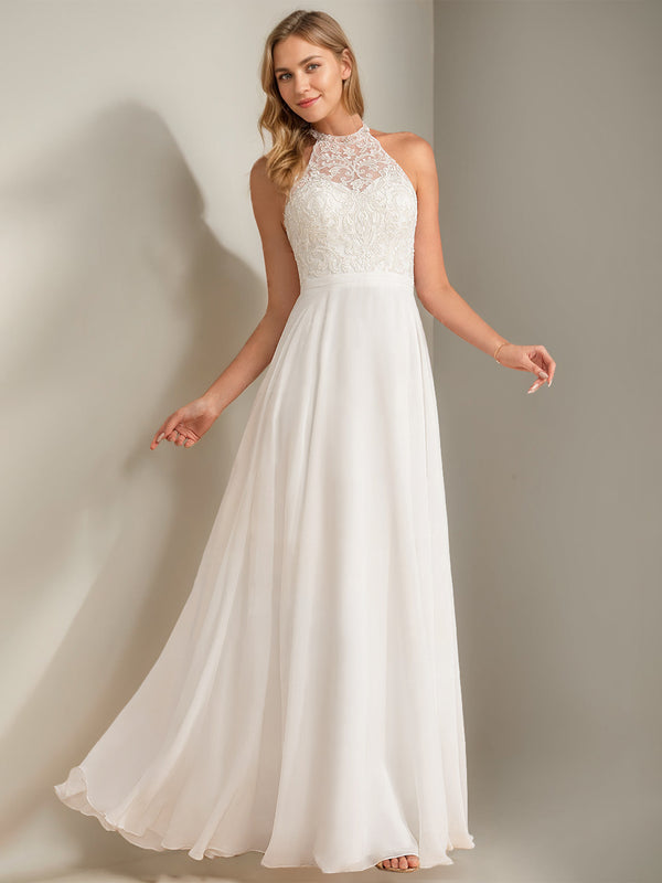 A-Line/Princess Halter Neck Sleeveless Floor-Length Wedding Dress with Lace Appliques