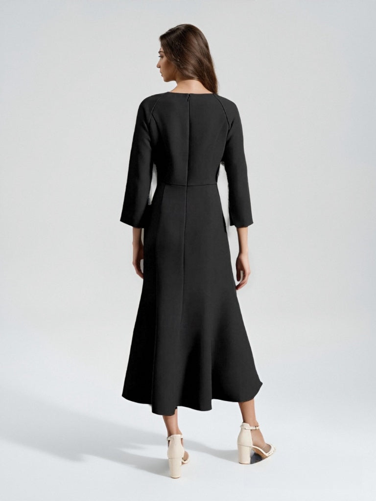 A-Line/Princess V Neck 3/4 Length Sleeves Tea-Length Wedding Guest Dress with Pleats