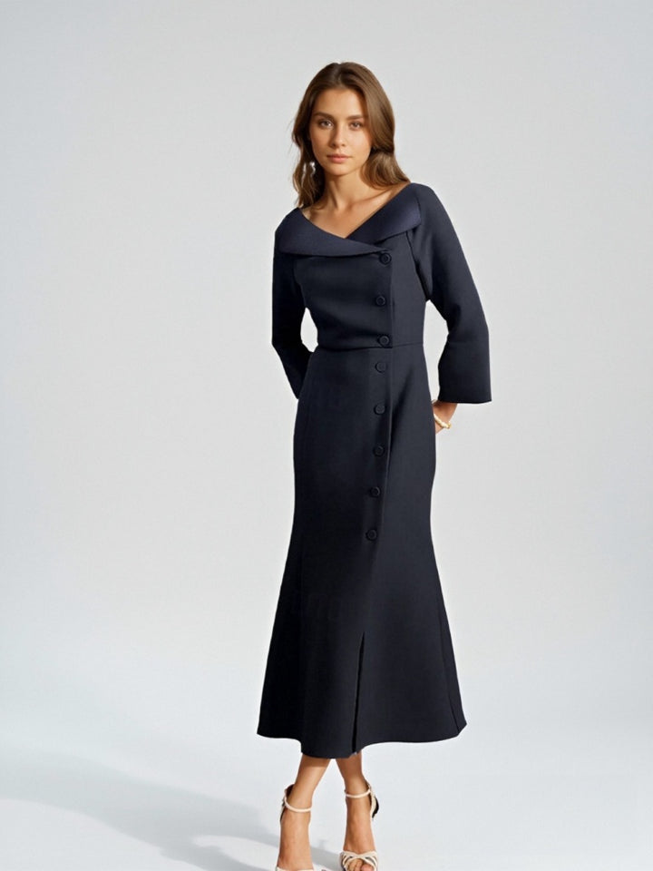 A-Line/Princess V Neck 3/4 Length Sleeves Tea-Length Wedding Guest Dress with Pleats
