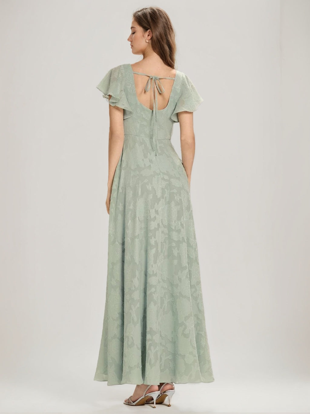 A-Line/Princess Square Neck Short Sleeves Ankle-Length Rose Lace Applique Wedding Guest Dresses With Split Side