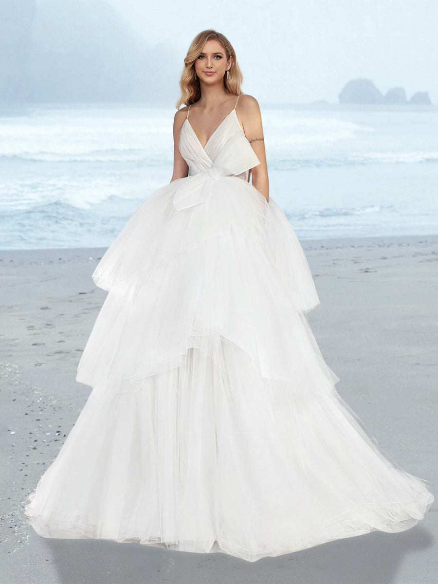 Tiered Tulle Wedding Dresses 2026 for Women Ball Gown V-Neck Spaghetti Straps Sleeveless Long Bridal Ball Gowns with Bowknot, Ivory Tiered Tulle Wedding Dresses 2026 for Women Ball Gown V-Neck Spaghetti Straps Sleeveless Long Bridal Ball Gowns with Bowknot, Ivory