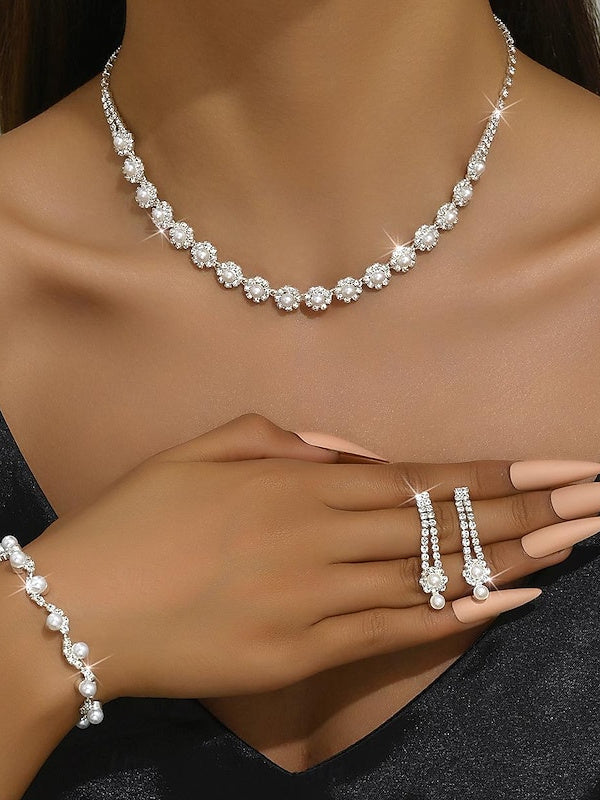 1 set Jewelry  Three-piece Suit Imitation Pearl Necklace Bracelet Earrings Women's Retro Precious Petal Jewelry Set For Wedding Gift