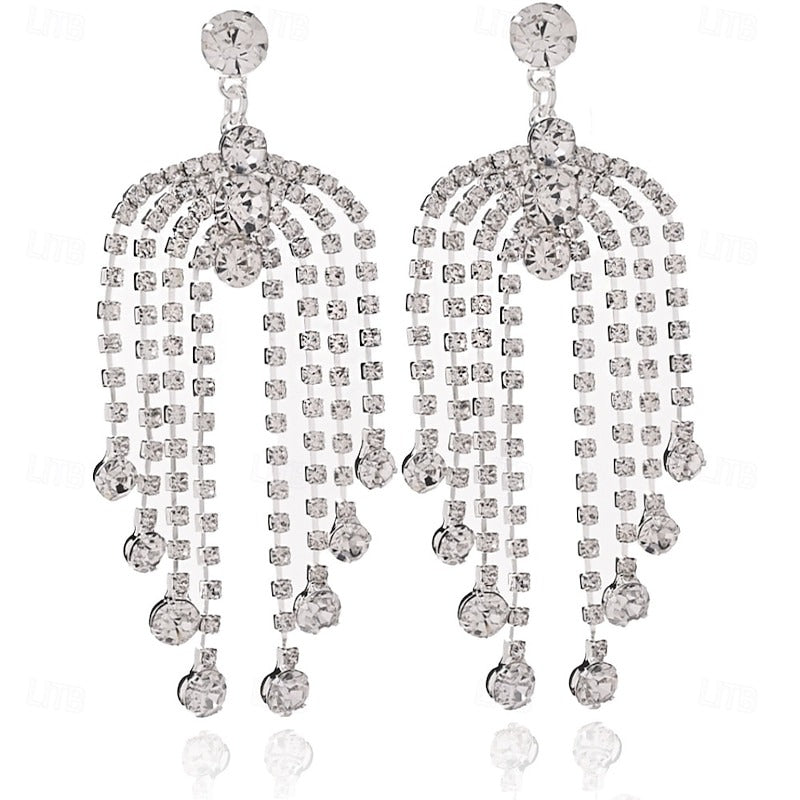 Women's Tassel Fringe Precious Fan Elegant Fashion Personalized Imitation Diamond Earrings Jewelry Silver For Wedding Party Work Daily