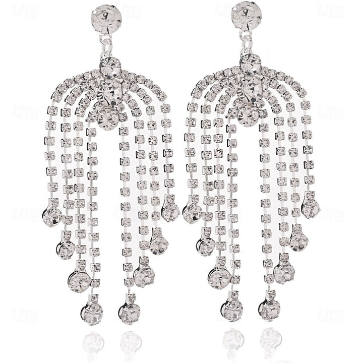 Women's Tassel Fringe Precious Fan Elegant Fashion Personalized Imitation Diamond Earrings Jewelry Silver For Wedding Party Work Daily