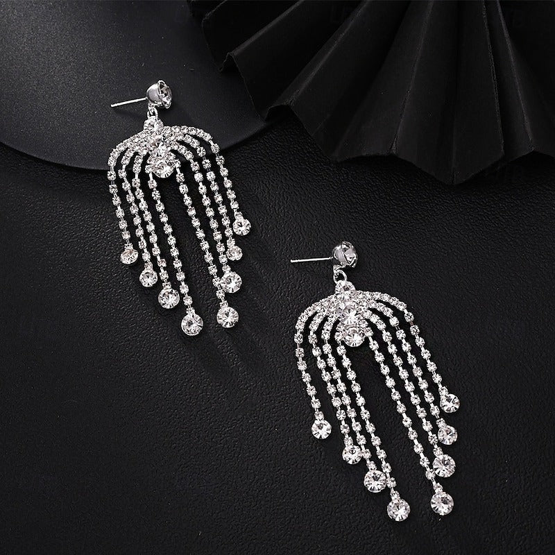 Women's Tassel Fringe Precious Fan Elegant Fashion Personalized Imitation Diamond Earrings Jewelry Silver For Wedding Party Work Daily
