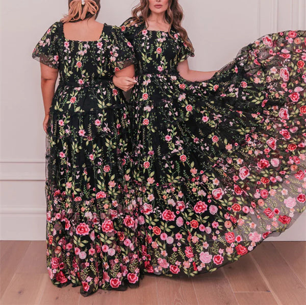 A-Line/Princess V-Neck Short Sleeves Floral Formal Party Dresses With - Mondressy A-Line/Princess V-Neck Short Sleeves Floral Formal Party Dresses With - Mondressy