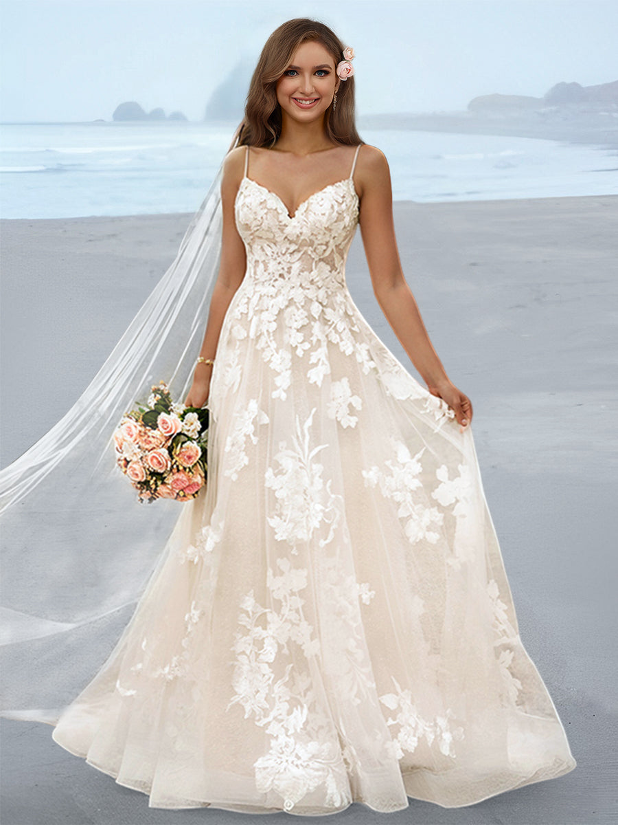 Appliques Wedding Dresses 2026 Elegant Women's A-Line V-Neck Spaghetti Straps Sleeveless Floor-Length Bridal Ball Gowns, Ivory Appliques Wedding Dresses 2026 Elegant Women's A-Line V-Neck Spaghetti Straps Sleeveless Floor-Length Bridal Ball Gowns, Ivory