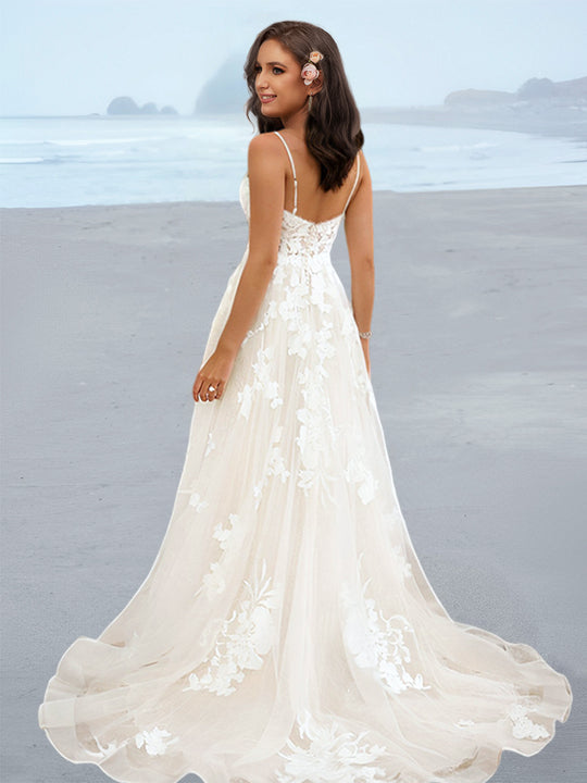 A-Line/Princess Spaghetti Straps Sleeveless Floor-Length Wedding Dress with Appliques & Lace main image 0