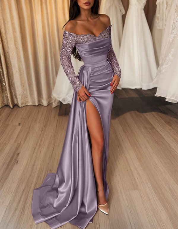 Sheath/Column Off-the-Shoulder Floor-length Long Prom Dresses With Split Side & Sequins