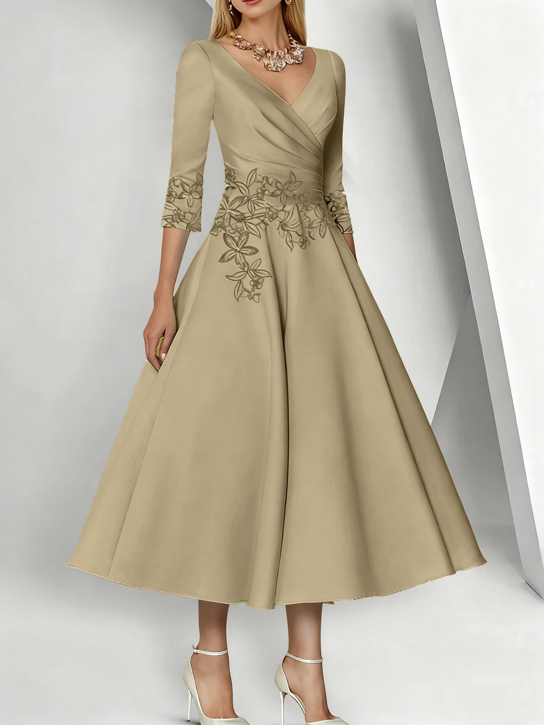 Champagne Mother of the Bride Dress 2026 Tea Length A-Line V-Neck Formal Gown with 3/4 Sleeves Floral Embroidered Waist Elegant Wedding Guest Dress Champagne Mother of the Bride Dress 2026 Tea Length A-Line V-Neck Formal Gown with 3/4 Sleeves Floral Embroidered Waist Elegant Wedding Guest Dress