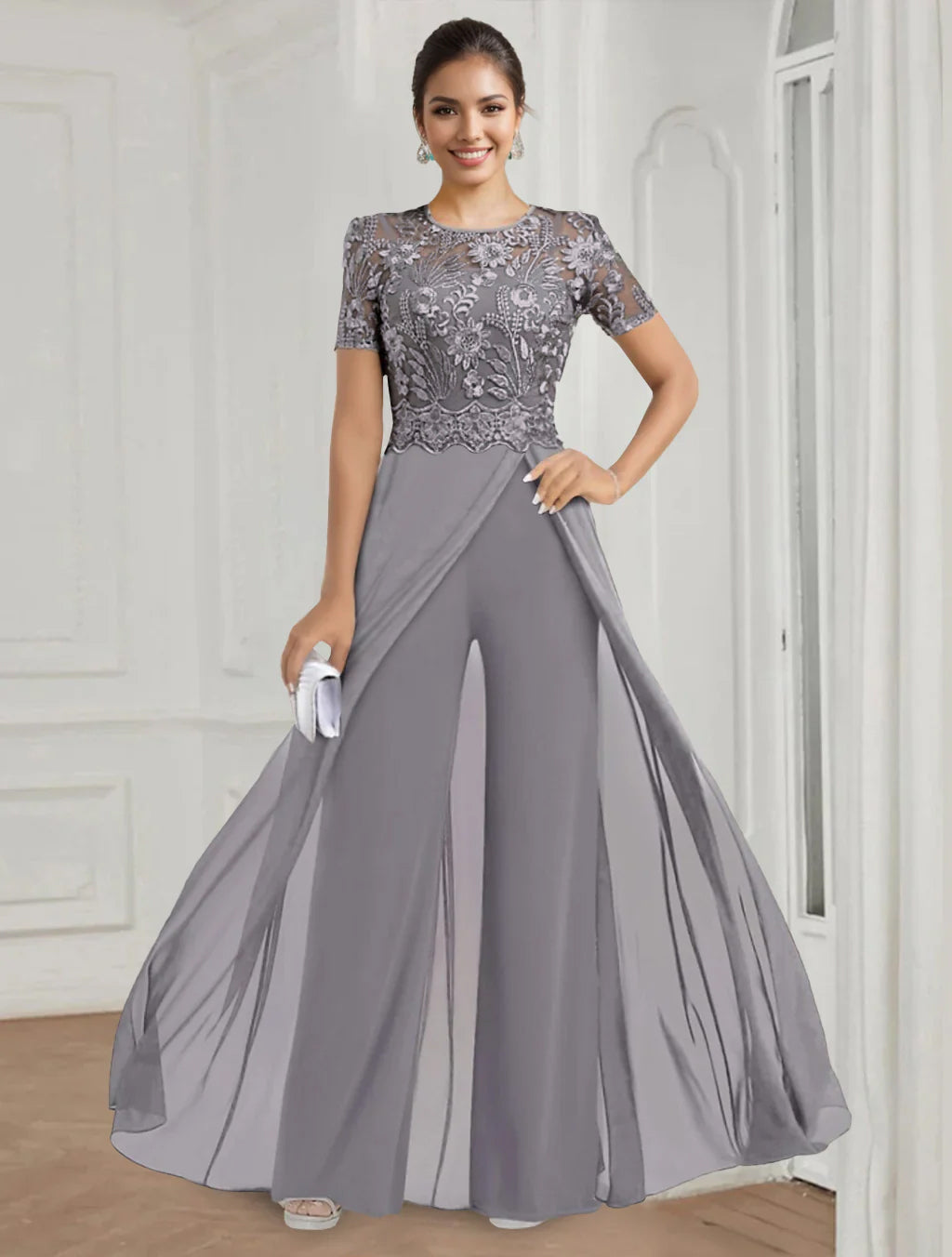 Stretch Chiffon Round Neck Short Sleeves Floor Length Mother of the Bride Pantsuits with Appliques Lace