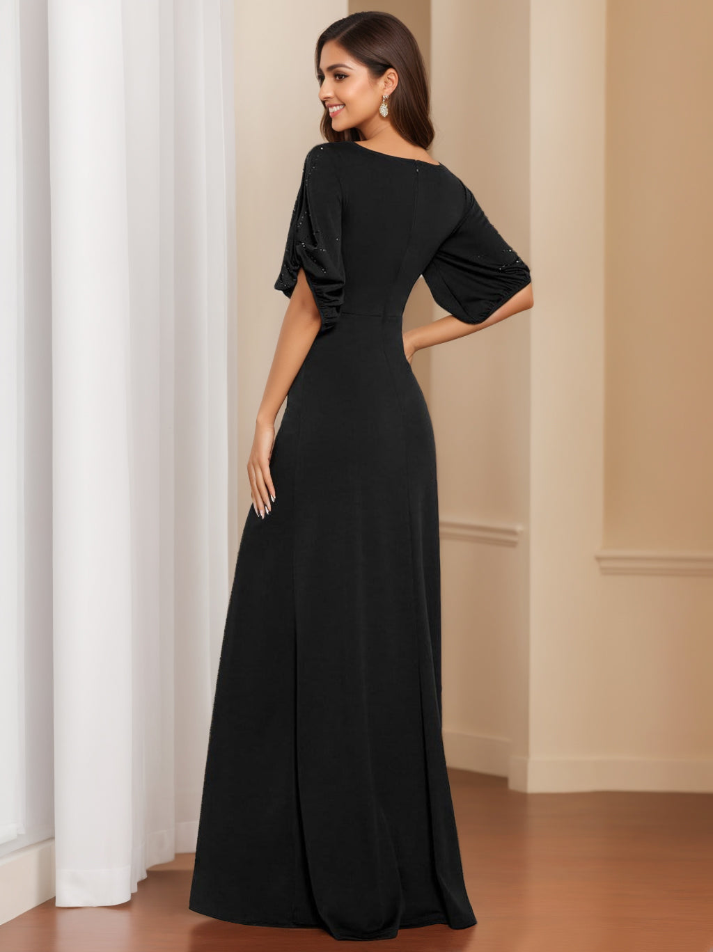 Sheath/Column Round Neck Half Sleeves Floor Length Black Elegant Mother of the Bride Dresses