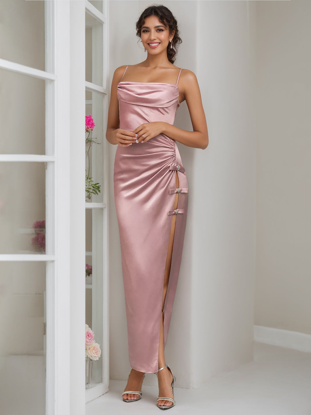 Sheath/Column Square Neck Sleeveless Ankle Length Wedding Guest Dresses with Bow