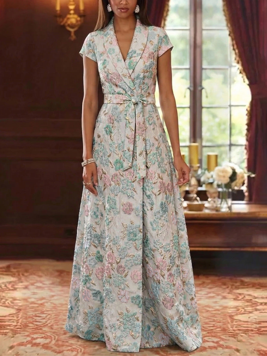 A-Line/Princess V-Neck Jacquard Mother of the Bride Dresses Floral Floor-Length Short Sleeves Belt