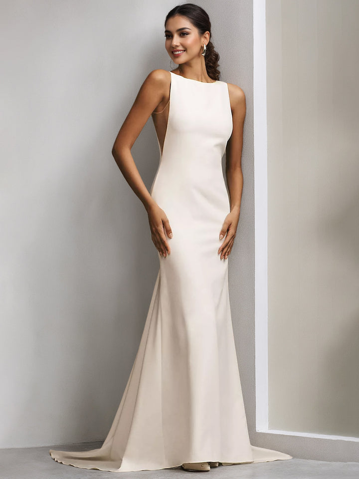 Sheath/Column High Neck Sleeveless Floor Length Minimalist Elegant Wedding Dresses